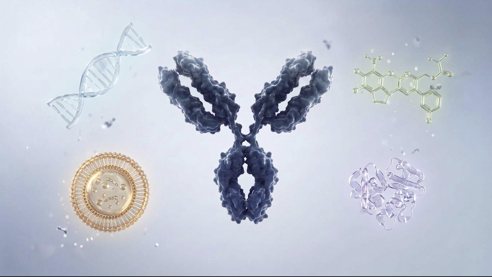 A Stealth-Body antibody surrounded by the payload classes it carries: an oligonucleotide, a small molecule, a lipid nanoparticle and a protein